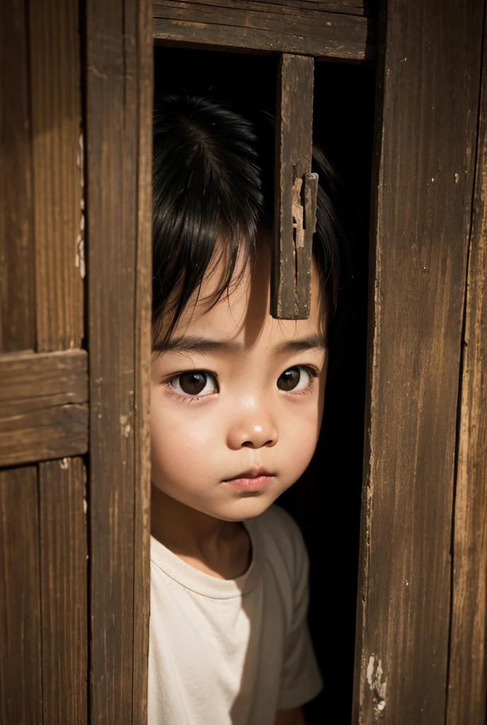 A realistic portrait of a Thai child is partially revealed, peeking through a vertical crack in an old, airy wooden door. Only the child&#39;s face is visible, with one wide, curious eye, and parts of his cheek and forehead peeking out through the narrow gap. The child&#39;s skin is smooth, tanned, with a hint of traditional Thai clothing visible at the shoulders. The lighting is soft and natural, casting gentle shadows that enhance the sense of depth and mystery. The wooden door has deep cracks and a rough surface, contrasting with the softness of the child&#39;s features. The overall mood is one of quiet curiosity, capturing a fleeting moment of innocent exploration.