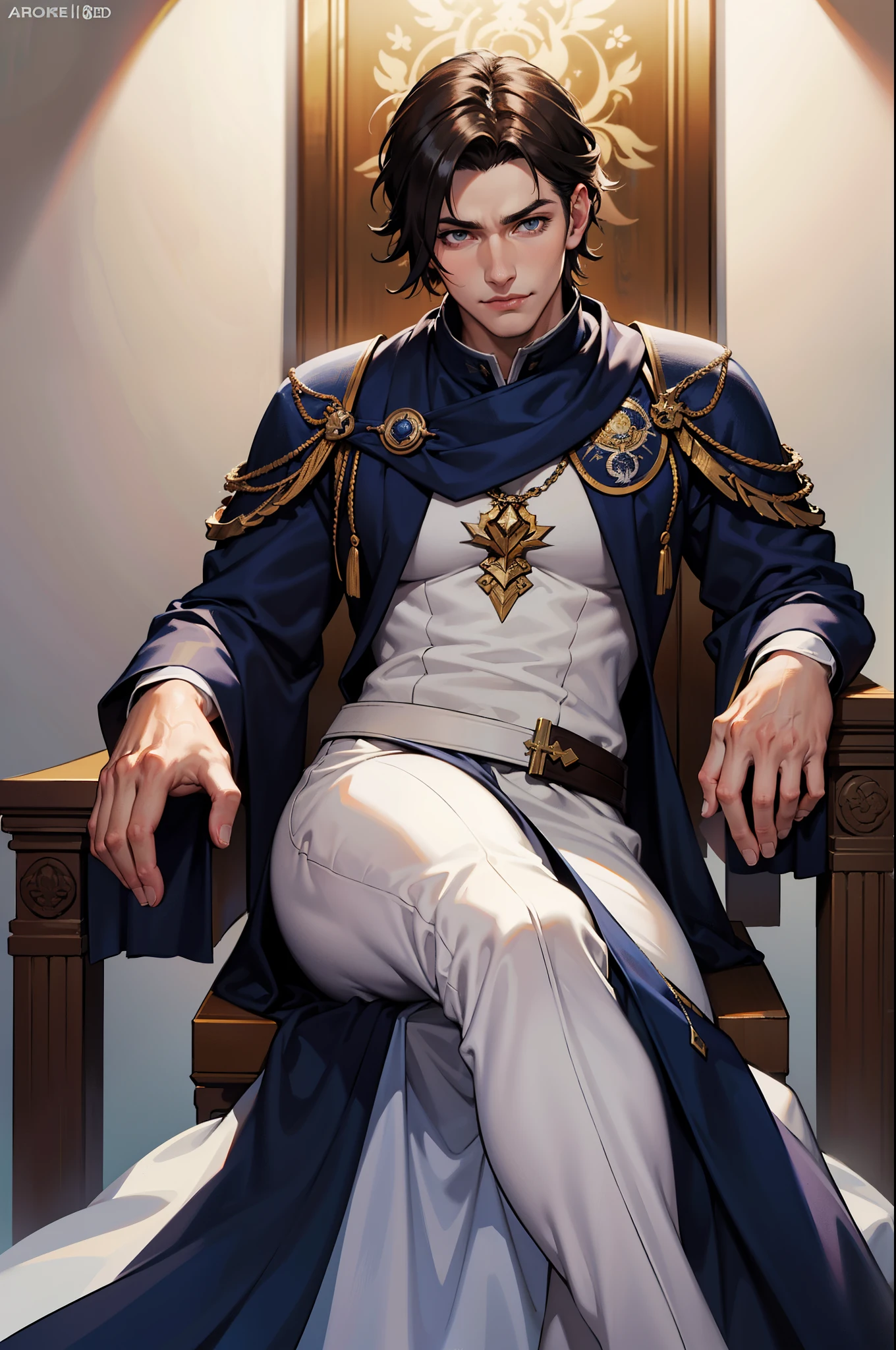 (absurdities, High Resolutions, ultra detailed, HdR), masterpiece, The best quality, final fantasy xvi, clive rosfield, 1man only, handsome, short hair, black hair, vibrant blue eyes, fine eyes and detailed face, armor, ((Intricate weapon)), Sitting on the throne, open legs, affected smile, annoying.