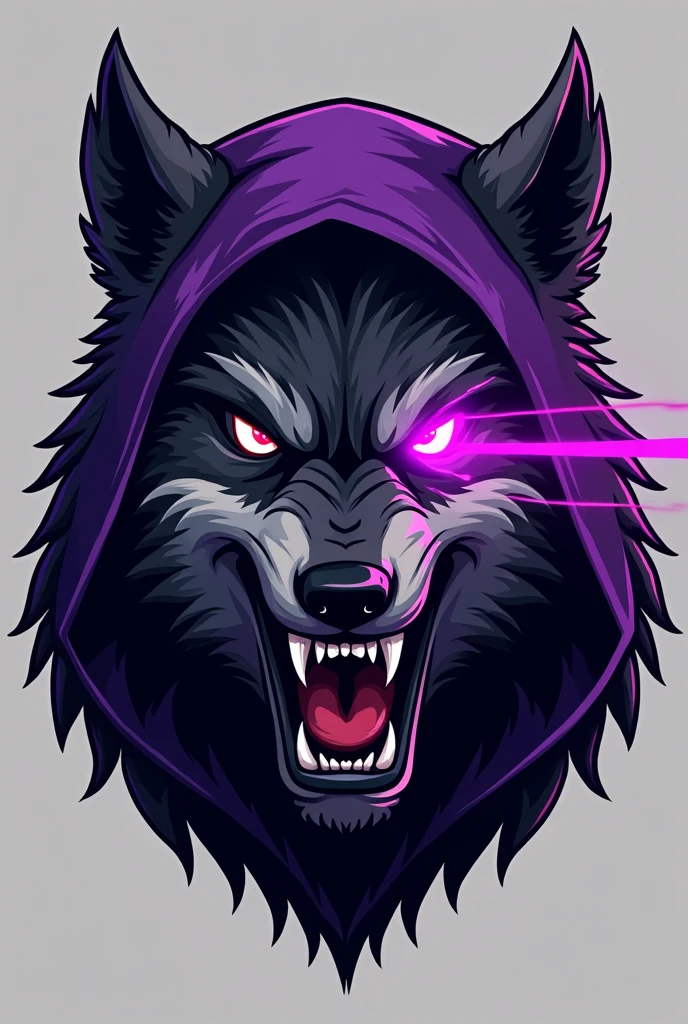 A logo of an angry, hairy wolf's face, that the left front part of the face is covered by a purple hood and that purple rays are projected from its right eye, but the wolf is animated and below the logo it says MANANTIAL