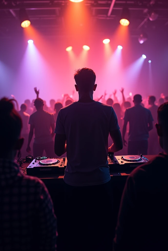 Silueta de Un dj visto desde atras pasando music en una fiesta, Lights de fiesta, music, Lights, Lights cinenatograficas, Shadows , people dancing happy