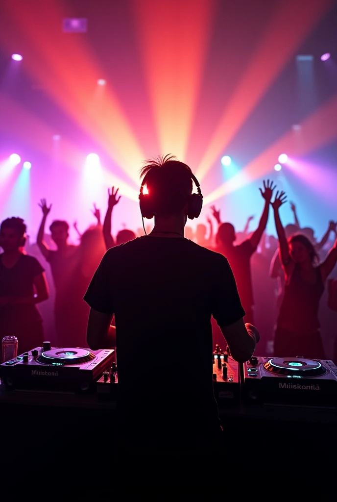 Silueta de Un dj visto desde atras pasando music en una fiesta, Lights de fiesta, music, Lights, Lights cinenatograficas, Shadows , people dancing happy