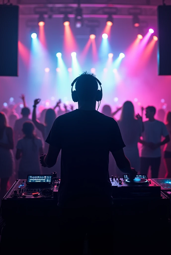 Silueta de Un dj visto desde atras pasando music en una fiesta, Lights de fiesta, music, Lights, Lights cinenatograficas, Shadows , people dancing happy