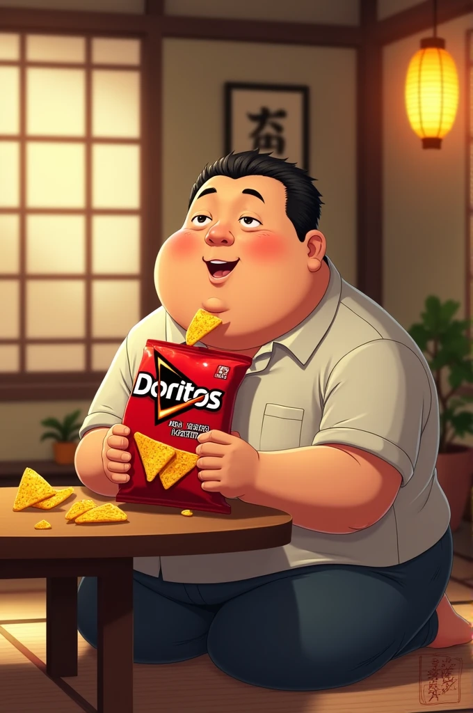 A fat Japanese guy named Yuuki eating Doritos