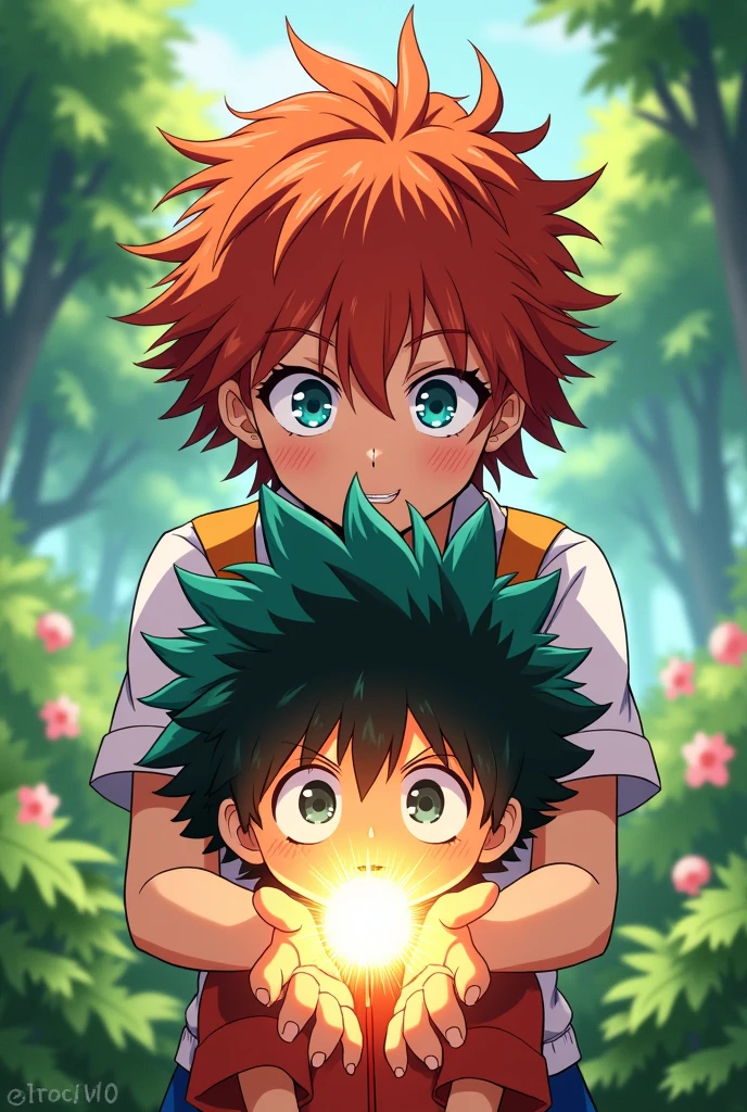 Image capture from my hero academia A girl with short, messy red-orange hair and blue eyes healing Izuku Midoria from the anime my hero academia as a child with her power in a park