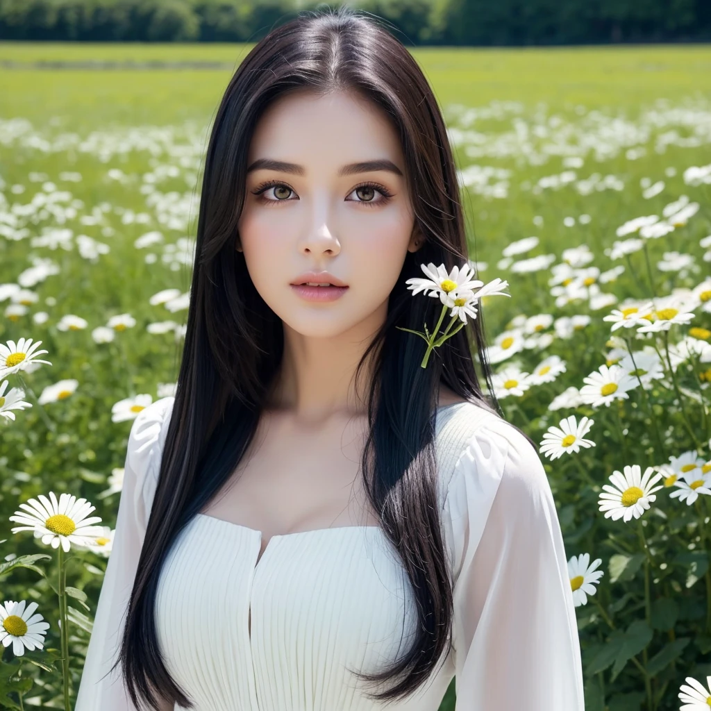 Create a striking realistic Woman with long black hair, perfect face, dressed in white clothes, in a green field of daisies