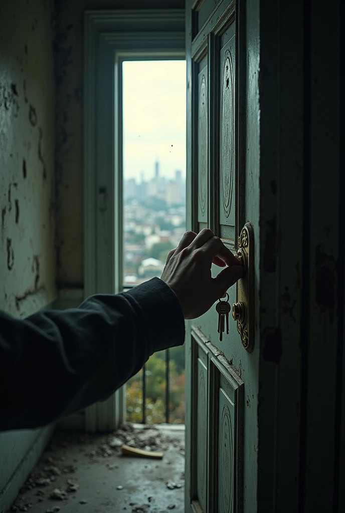 abandoned mansion, first person perspective, only an arm appears opening a door using keys, when opening it has a view of the city