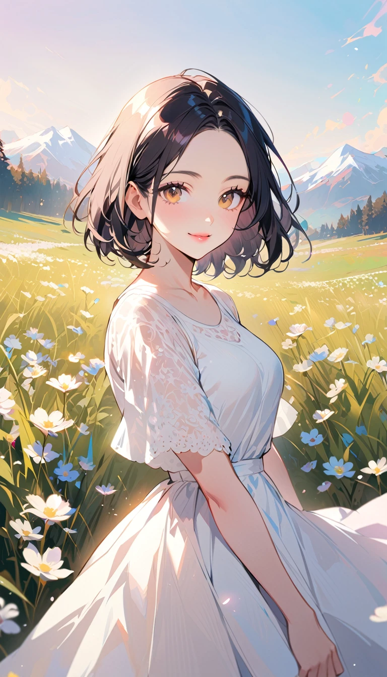 1woman, solo, forehead, bob cut hair, black Hair, brown eyes, smile, wear  long white casual dress, pink lips, looking at viewer, light lips, cowboy shot, closed mouth, field of alpine flowers