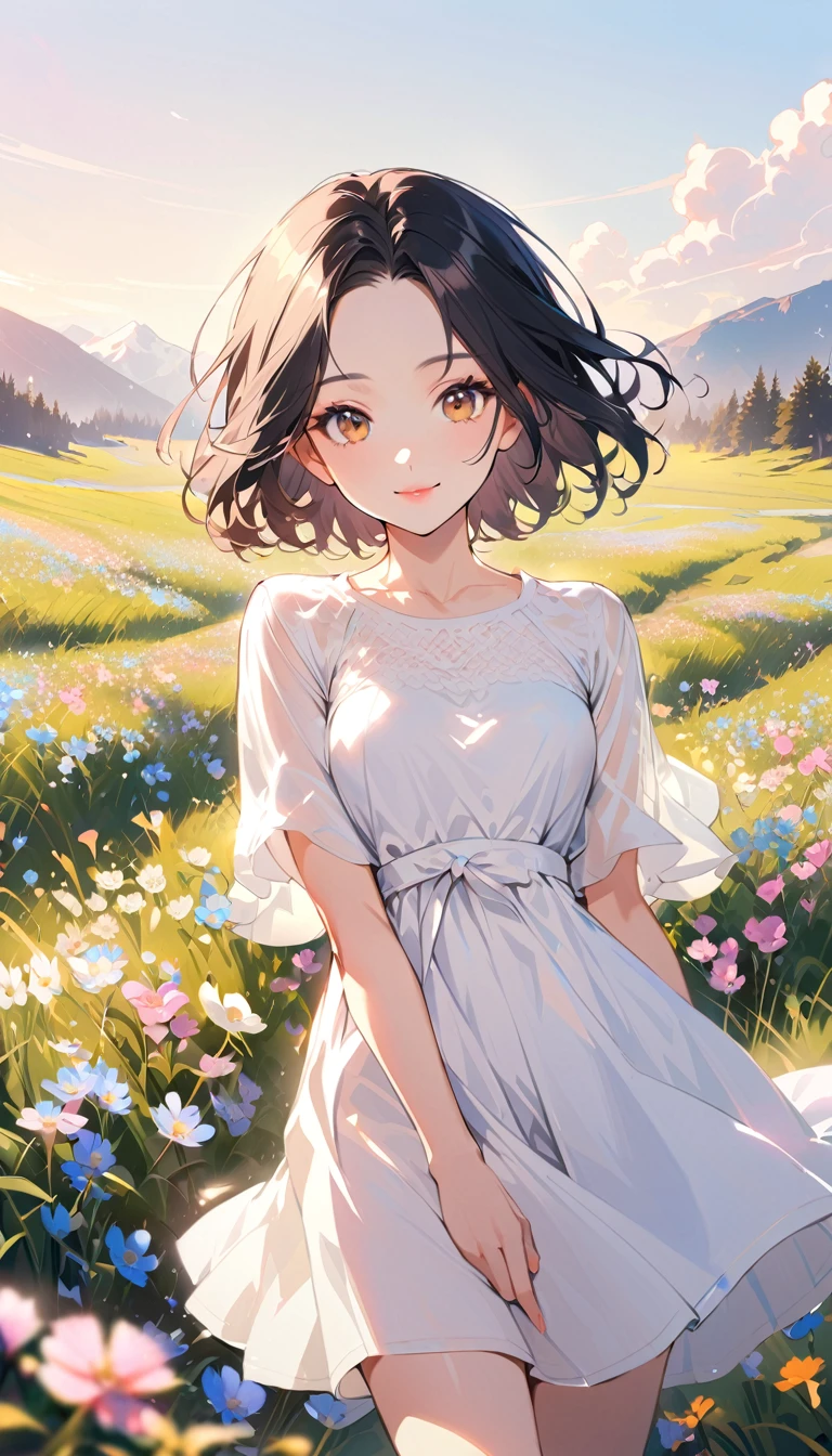 1woman, solo, forehead, bob cut hair, black Hair, brown eyes, smile, wear long white casual dress, pink lips, looking at viewer, light lips, cowboy shot, closed mouth, field of alpine flowers