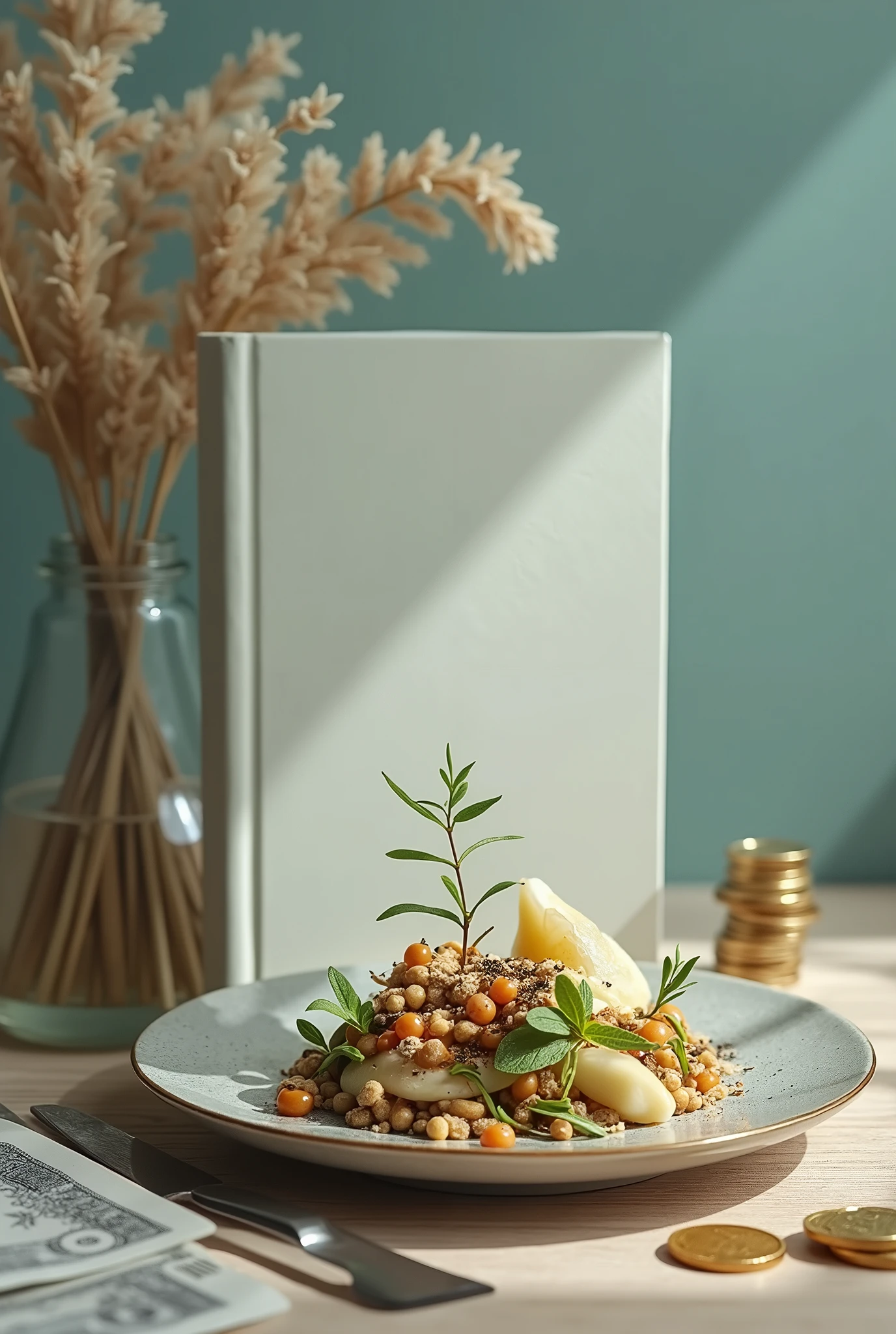 A book cover about investments and financial education where there are discreet elements about the world of currencies and also discreetly place a dish in the background, no need to add any characters, and place elements or symbols related to wealth, use persuasive colors as well