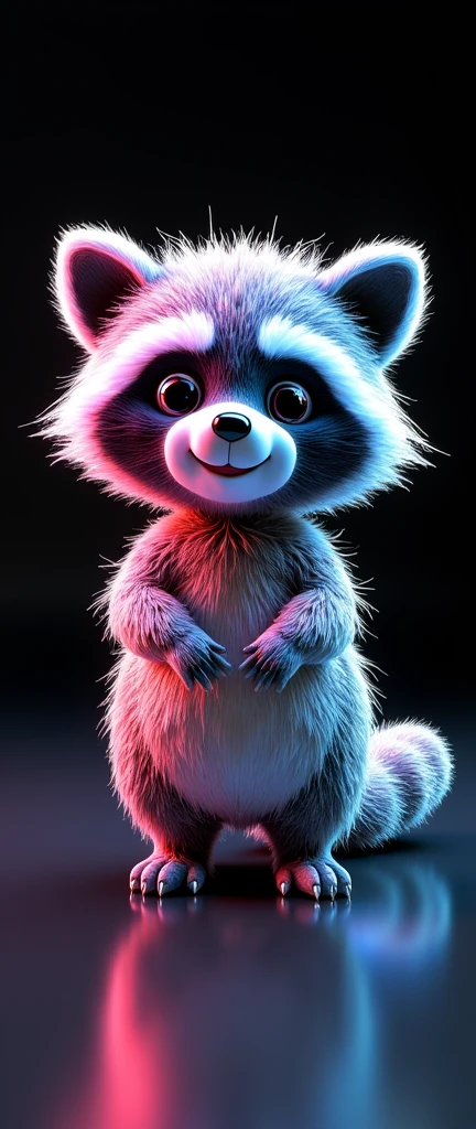 A mesmerizing 3D render of an adorable, extra fluffy baby raccoon sculpture, crafted with incredible attention to detail from colorful, reflective acrylic. The sculpture exudes cuteness with its wide smile and soft fur texture. The multi-colored surface creates a kaleidoscope of vibrant reflections, set against a sleek black background. The transparency of the acrylic material allows for a subtle play of light, enhancing the overall charm of this captivating piece., photo, 3d render