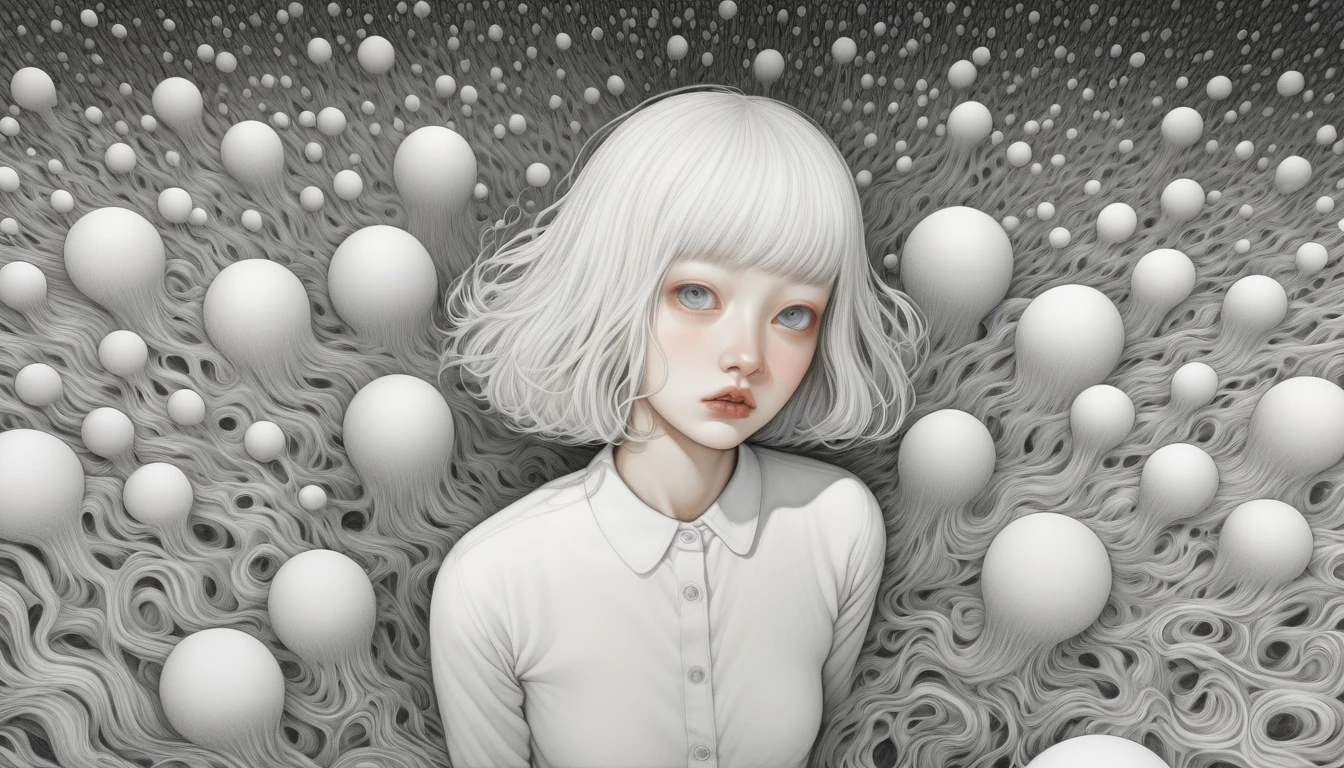 An illustration、art、Supervised by Junji Ito、Overaction、Overreaction、Pretending to be scared、Attention to detail, Realistic shadows、Analog Style, chromatic aberration, Surrealism、A world of solid white、Crow