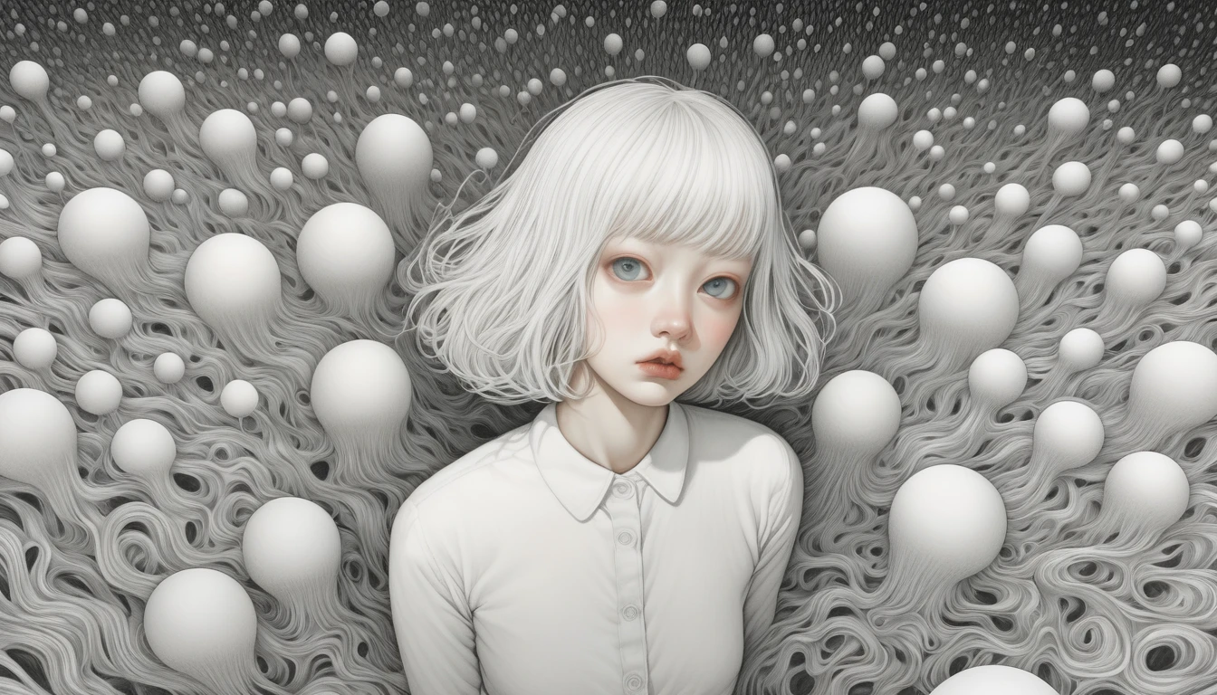 An illustration、art、Supervised by Junji Ito、Overaction、Overreaction、Pretending to be scared、Attention to detail, Realistic shadows、Analog Style, chromatic aberration, Surrealism、A world of solid white、Crow