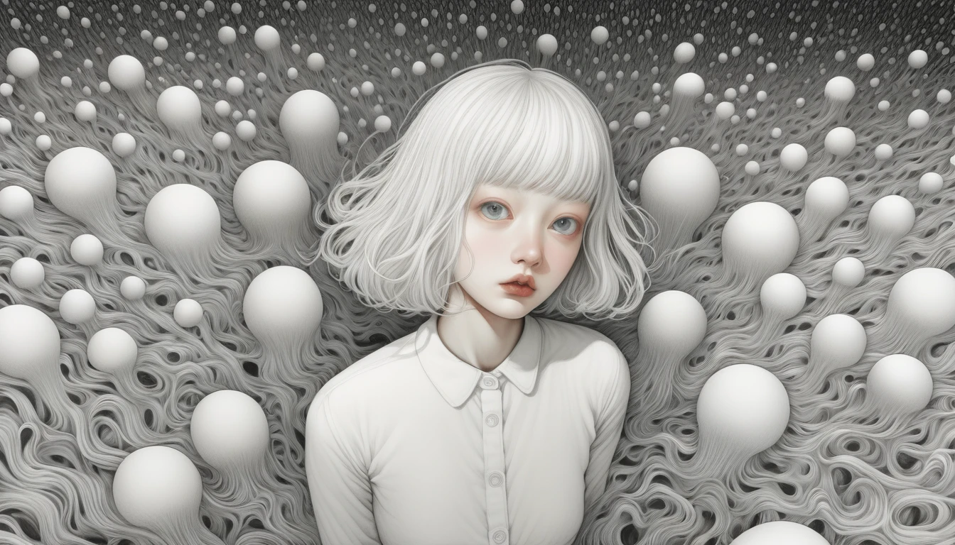 An illustration、art、Supervised by Junji Ito、Overaction、Overreaction、Pretending to be scared、Attention to detail, Realistic shadows、Analog Style, chromatic aberration, Surrealism、A world of solid white、Crow