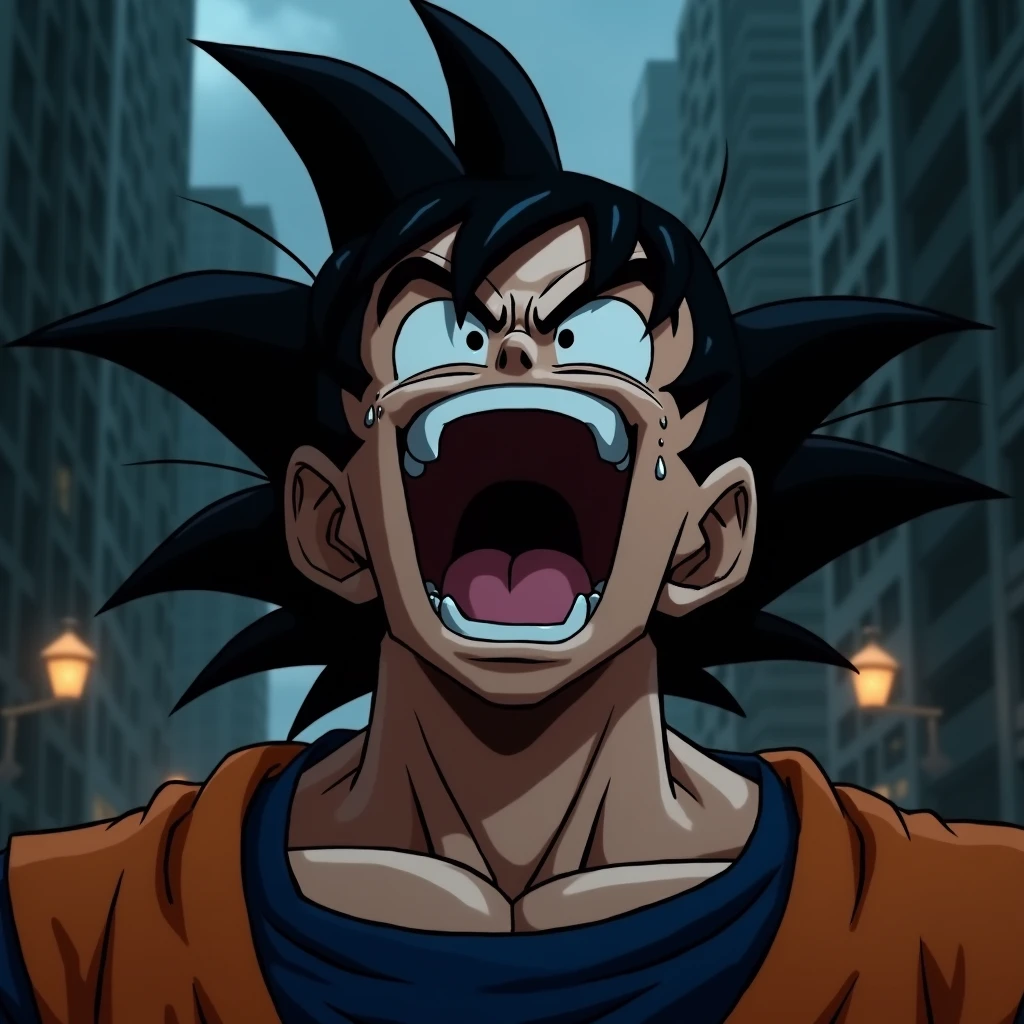 Goku laughing out loud in a dark city, that only his face is shown