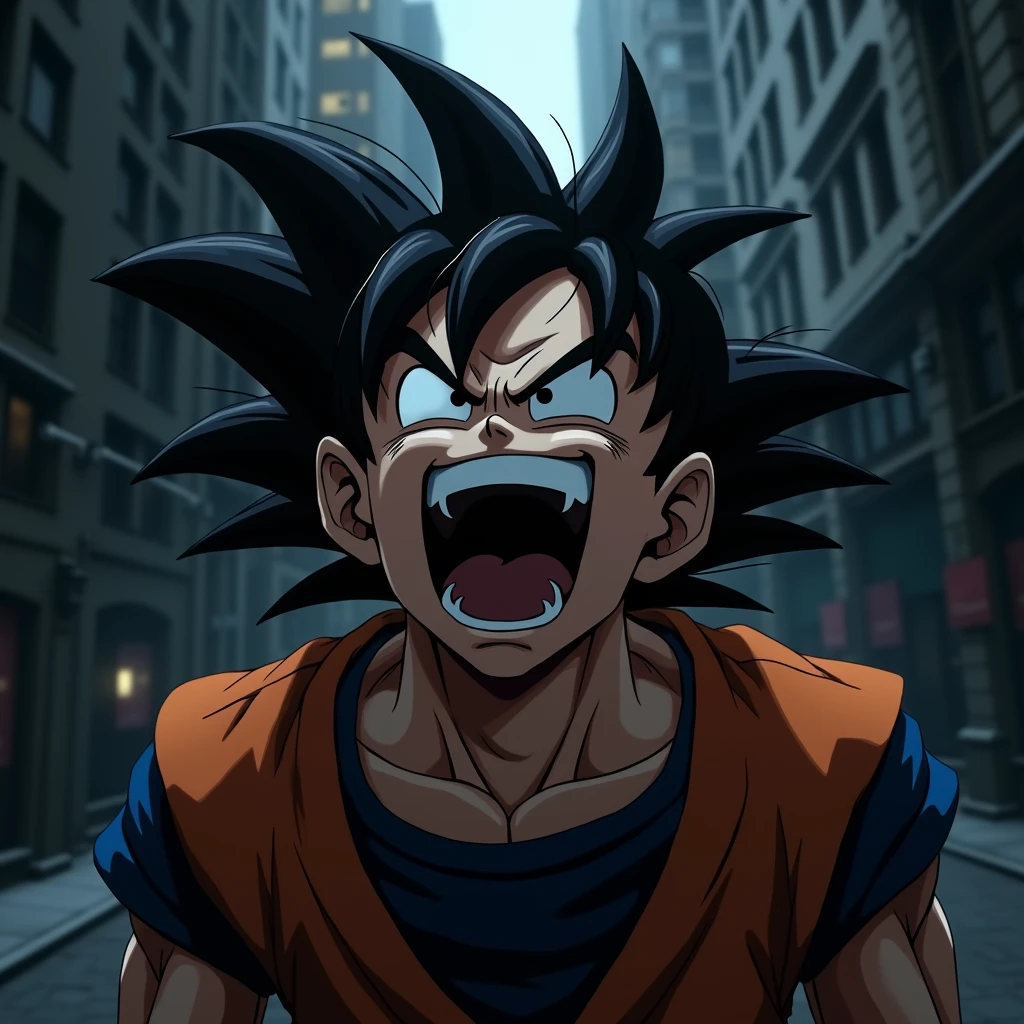 Goku laughing out loud in a dark city, that only his face is shown