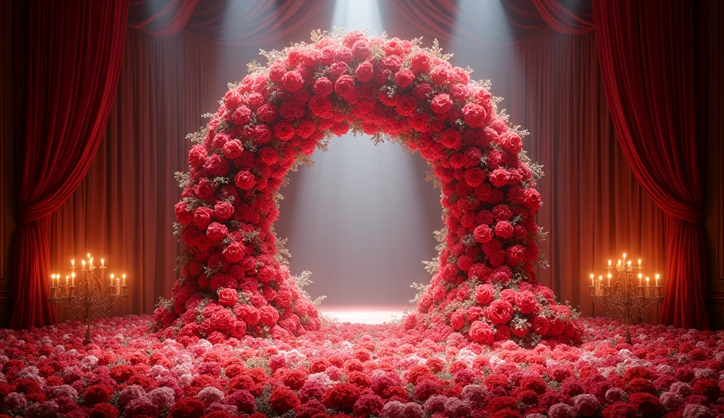 a large floral arrangement with candles and flowers on a stage, portal made of roses, bed of flowers on floor, theater stage, stunning arcanum backdrop, draped in velvet and flowers, stage background, covered with flowers, stage photography, theatre stage, stage, dreamy atmosphere and drama, explosion of flowers, celestial red flowers vibe, fairy tale setting, flower decorations