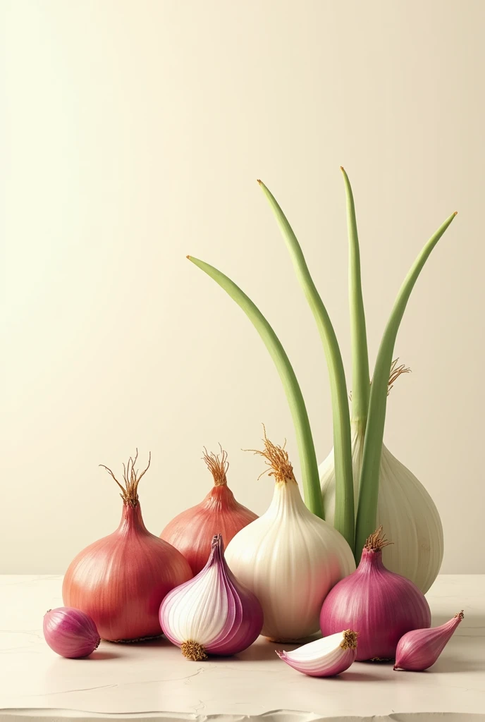 Realistic allium veggies in background with more blank space