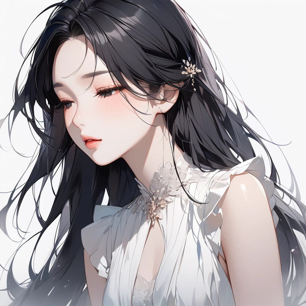 Woman, dreamy eyes, ethereal, elegant, model, calm, attractive, squinted eyes, asian beauty, solo, black eyes, black hair, sleeveless dress, sleepy, half-closed eyes, full lips, lipgloss, no background, light, parted lips