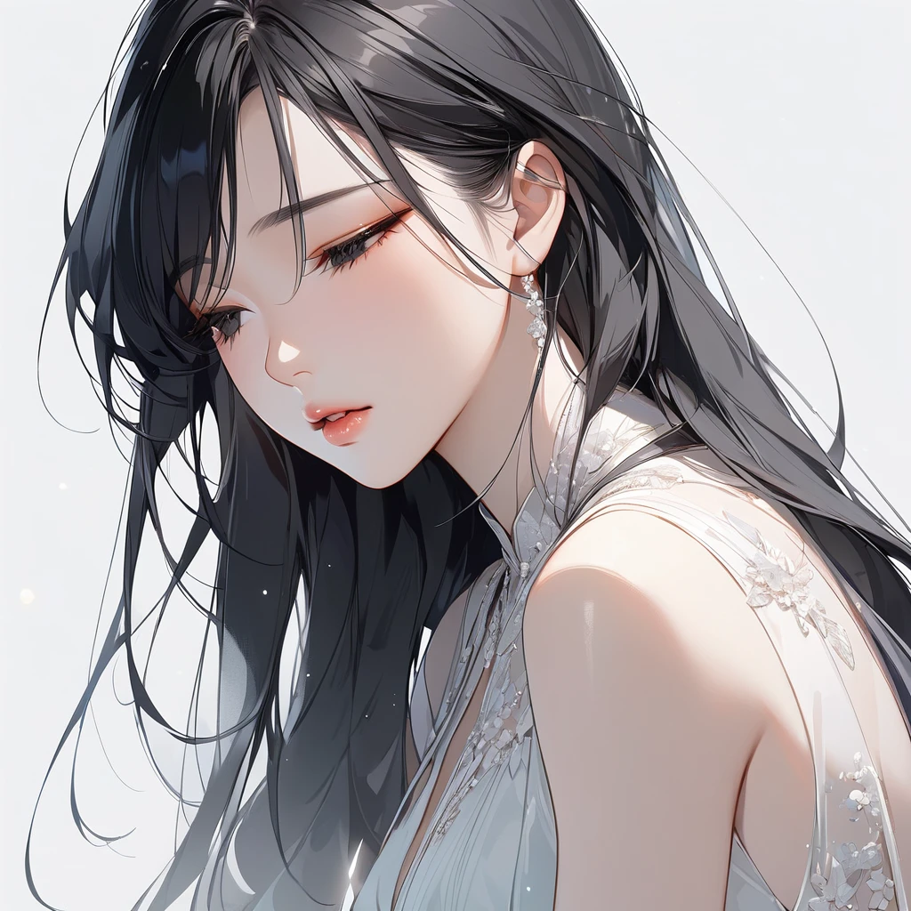 Woman, dreamy eyes, ethereal, elegant, model, calm, attractive, squinted eyes, asian beauty, solo, black eyes, black hair, sleeveless dress, sleepy, half-closed eyes, full lips, lipgloss, no background, light, parted lips