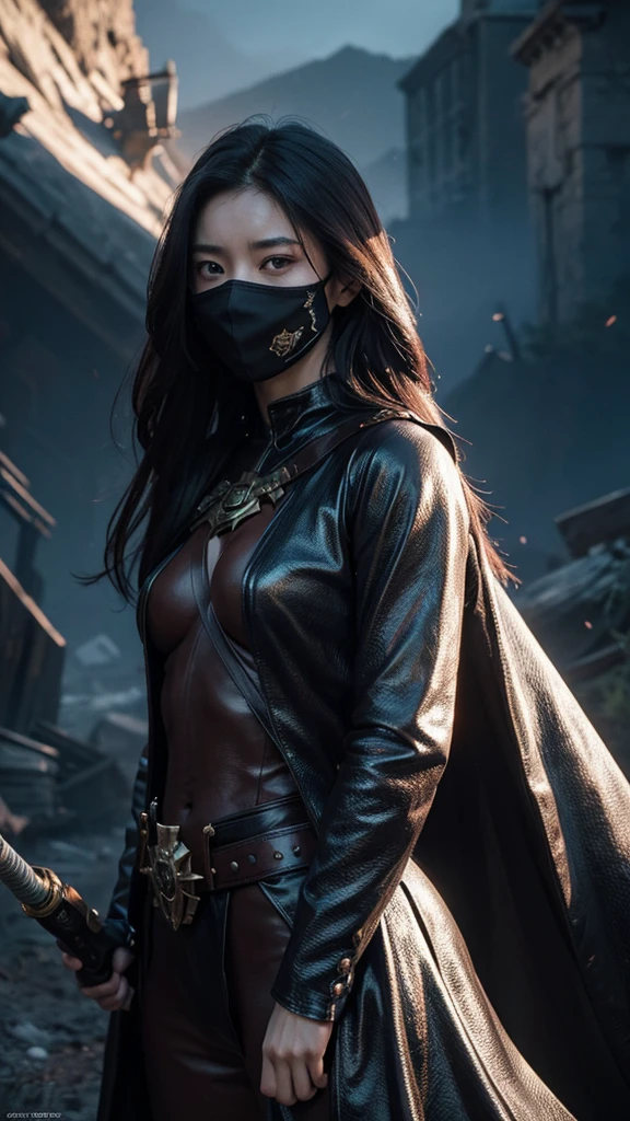 Female monster in special effects hero movie, beautiful, special weapon, realistic depiction, ultra-high resolution, fantasy world, full-face mask