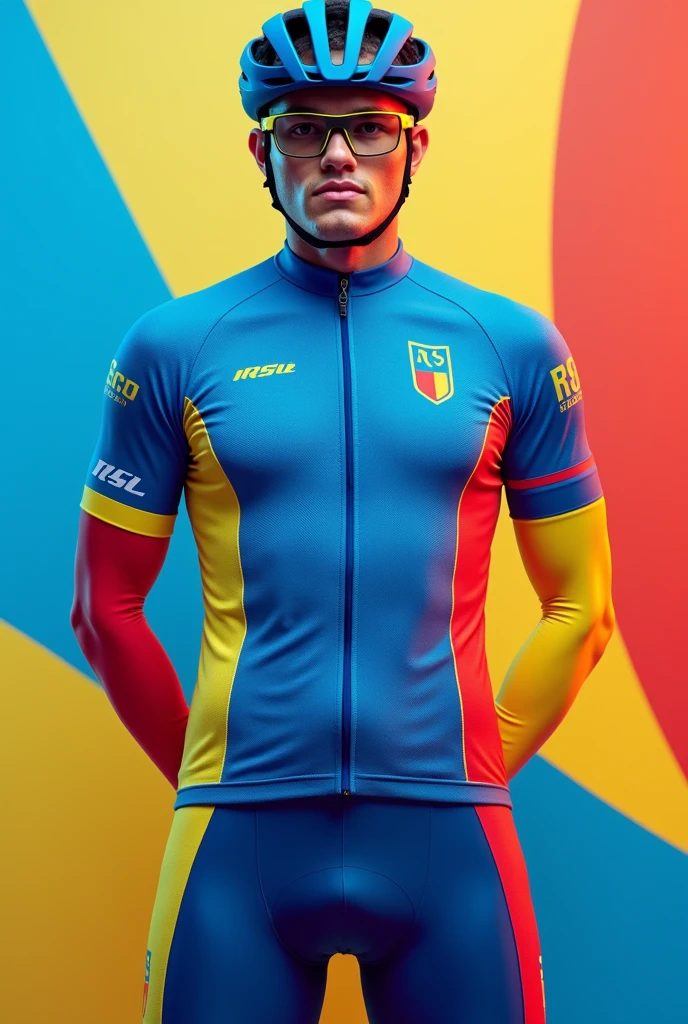 Create a cycling jersey for the RSC Biberach With the skin color blue and yellow and red accents.