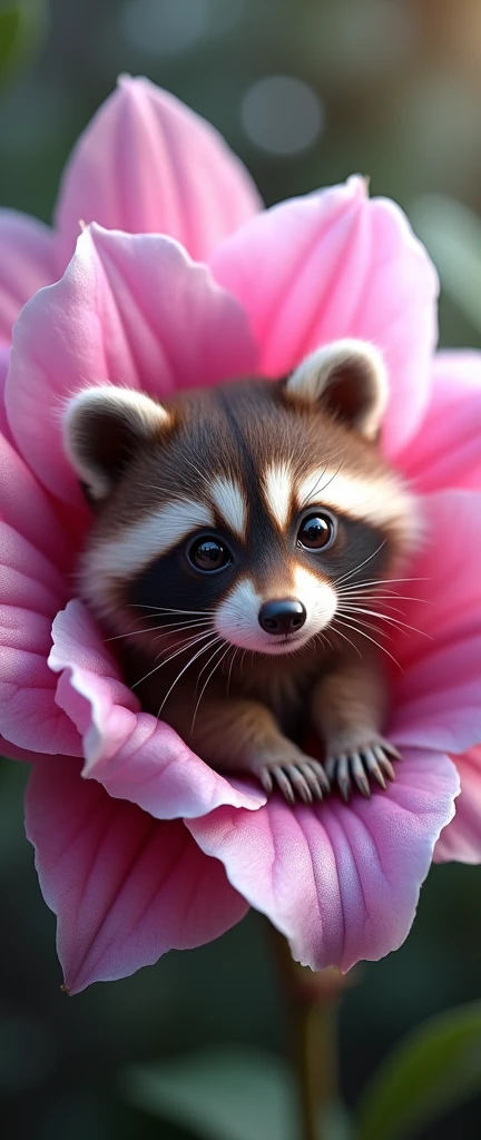 A captivating photograph of a cute extra fluffy baby realistic raccoon with large, vibrant fuchsia-rose eyes nestled within a stunning orchid flower. The ultra-realistic, super-realistic, and ultra-detailed rendering showcases the adorable and endearing demeanor of and the entire scene. appears to be encapsulated within the flower, merging with its delicate petals and vibrant colors., photo, 3d render, conceptual art
