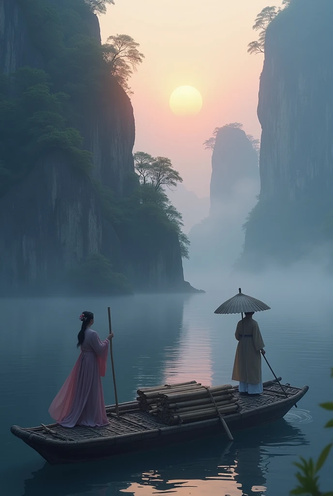 Misty,Sunset through the fog,The bamboo raft in front is photographed from a distance of 1000 meters behind,A woman wearing Chinese Hanfu and holding an umbrella stands at the stern of a bamboo raft,A man wearing a bamboo hat and a straw raincoat stands at the bow of a bamboo raft,Man holding bamboo raft with long bamboo pole,The boat sails towards the sun,There are stone cliffs on both sides,Like a Chinese landscape painting, like a fairyland, like the mountains of Zhangjiajie,Maximum resolution,All the details can be seen clearly,Cinematic color grading