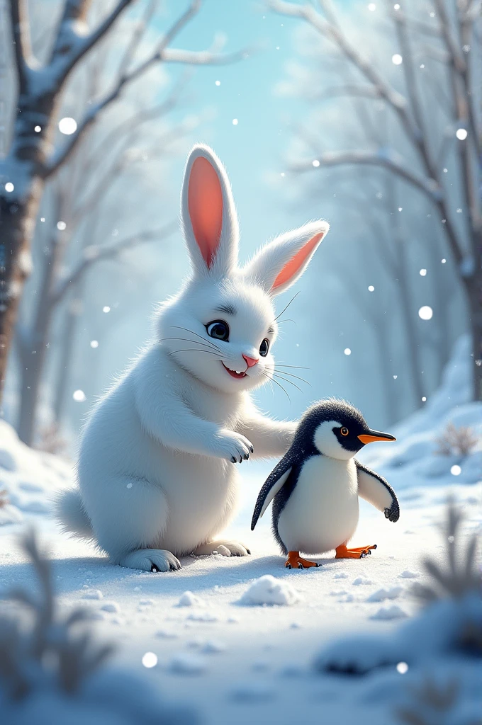 A white rabbit save a small penguin in the snow
