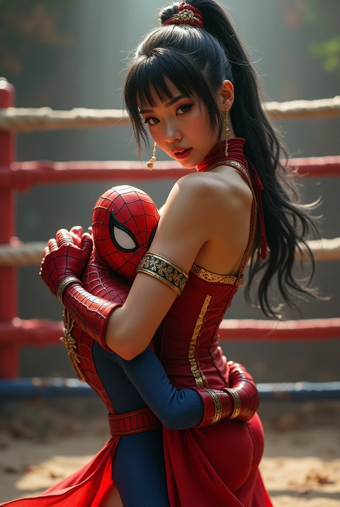 struggle, Chun-li girl, Chun-Li in qipao dress from street fighter, lifts spiderman with his hands. Holds Spider-Man in his arms, background ring, view from the back