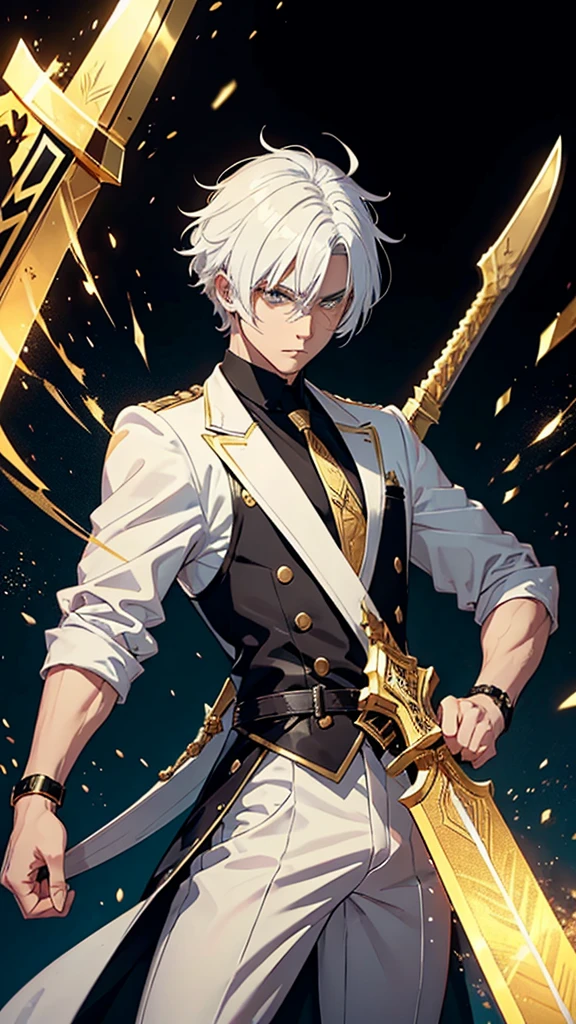 I want you to make a man with completely white hair, with a white outfit and golden details defending himself with two small golden axes. Make another man with the same clothes but all black with gold, black hair attacking the other man who defends himself, with a golden sword.