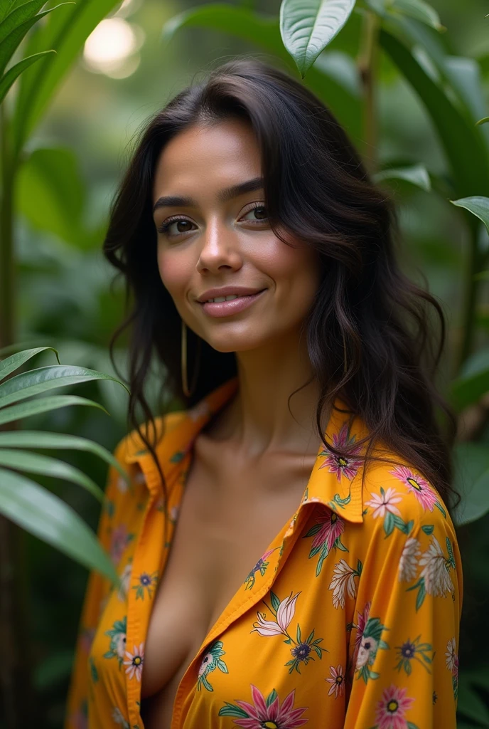 A Brazilian woman in a lush tropical garden, wearing an open shirt with a floral print, with a close-up capturing the harmonious beauty between her breasts and the natural flowers, showing off your natural charm and outgoing personality.