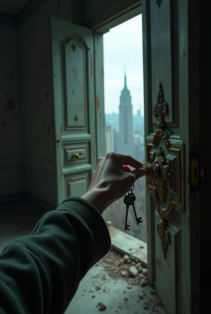 abandoned mansion, first person perspective, only an arm appears opening a door using keys, when opening it has a view of the city