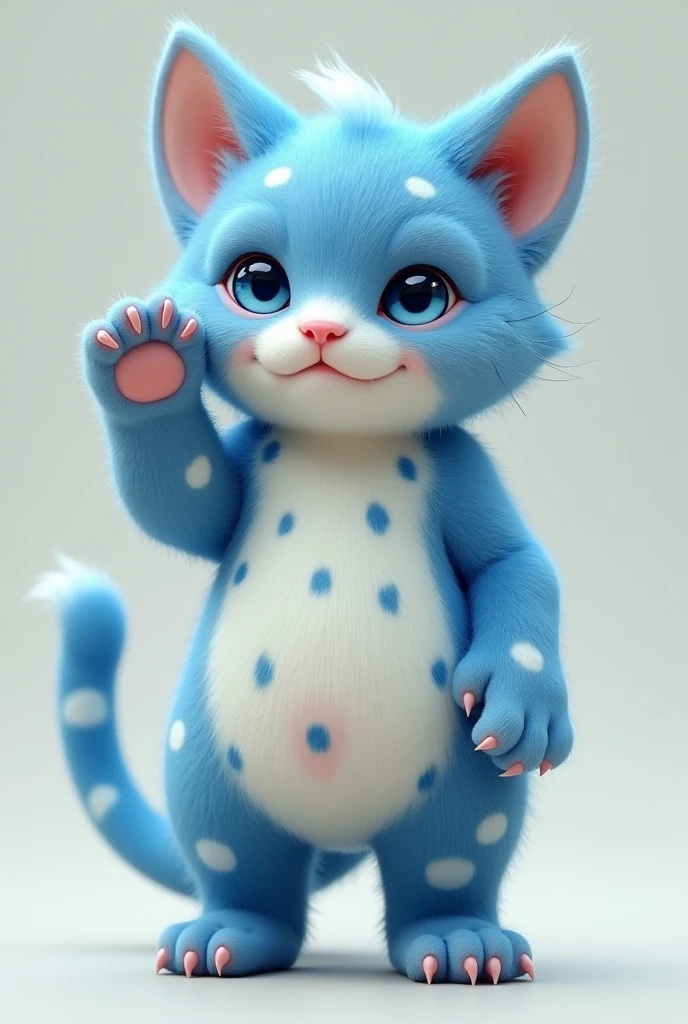 Blue and white pattern cat orc,Height 1.65 meters,Weight 50kg,Lovely face,With eyes as blue as the bright moon,Petite and cute,With pink nipples,White oval hair on the abdomen,The limbs are blue in color with irregular white patterns.,Naked body genitals pink tender petite cute,Wrapped in foreskin,Lifting one paw to reveal the pink pads and delicate pink,The tail has white circles