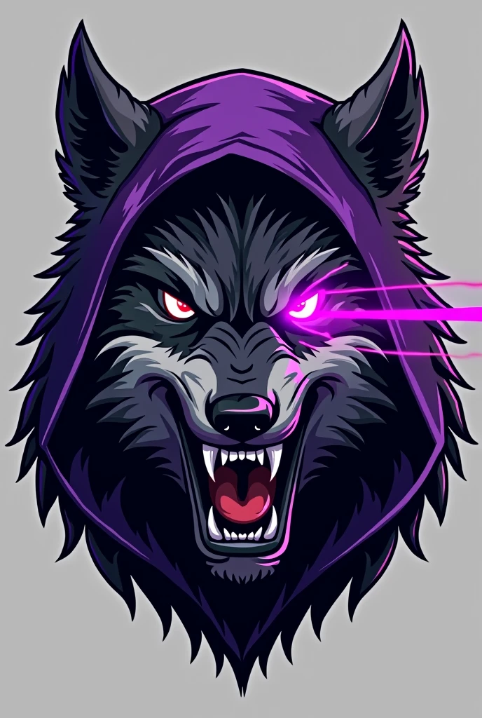 A logo of an angry, hairy wolf&#39;s face, that the left front part of the face is covered by a purple hood and that purple rays are projected from its right eye, but the wolf is animated and below the logo it says MANANTIAL 