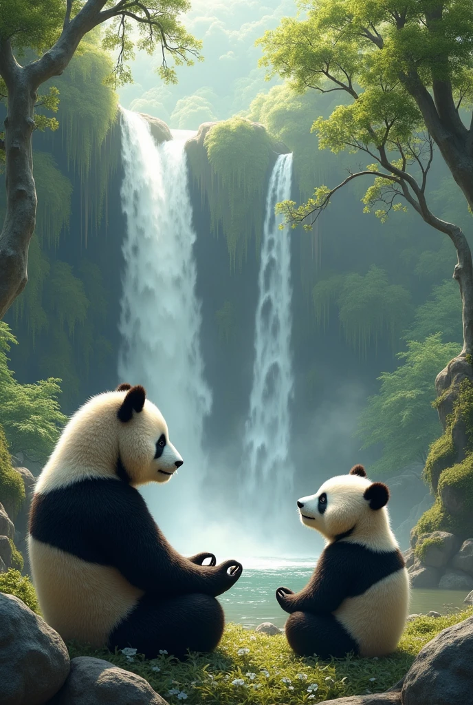 Méditation des pandas en fond une cascade d’eau￼
