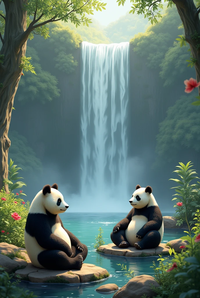 Méditation des pandas en fond une cascade d’eau￼