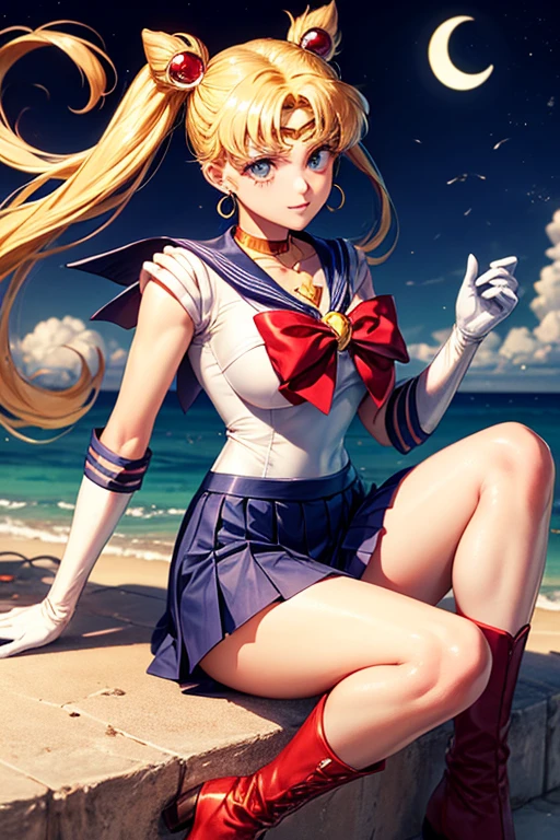 Sailor Moon on the beach in uniform: Sailor Moon wears a distinctive sailor suit. The top is a white fitted body with a large red bow on the chest.. The bow has a golden circular jewel in the center.

sailor collar: His uniform includes a dark blue sailor collar., with three thin horizontal white lines on the edges.

pleated skirt: Sailor Moon wears a short skirt, pleated and dark blue, reaching mid-thigh.

Back Bow: At the back of the waist, There is a big red bow that complements the skirt.

gloves: Her gloves are long and white., covering the entire forearm almost to the elbow. They have red edges on the top.

Boots: She wears red boots that reach just below the knee.. The boots have a gold crescent moon on the top.

diadem: On his forehead, She wears a golden headband with a red jewel in the center..

Earrings and Accessories: Wear gold crescent moon earrings, and around her neck she wears a red necklace with a golden jewel.

hair: Sailor Moon has long blonde hair tied into two high pigtails shaped like an odango. (round bows at the base), that fall to their ankles