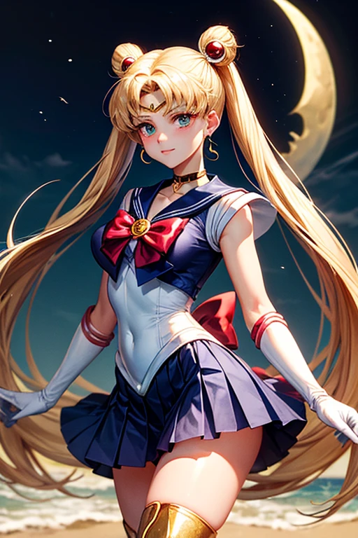 Sailor Moon on the beach in uniform: Sailor Moon wears a distinctive sailor suit. The top is a white fitted body with a large red bow on the chest.. The bow has a golden circular jewel in the center.
sailor collar: His uniform includes a dark blue sailor collar., with three thin horizontal white lines on the edges.
pleated skirt: Sailor Moon wears a short skirt, pleated and dark blue, reaching mid-thigh.
Back Bow: At the back of the waist, There is a big red bow that complements the skirt.
gloves: Her gloves are long and white., covering the entire forearm almost to the elbow. They have red edges on the top.
Boots: She wears red boots that reach just below the knee.. The boots have a gold crescent moon on the top.
diadem: On his forehead, She wears a golden headband with a red jewel in the center..
Earrings and Accessories: Wear gold crescent moon earrings, and around her neck she wears a red necklace with a golden jewel.
hair: Sailor Moon has long blonde hair tied into two high pigtails shaped like an odango. (round bows at the base), that fall to their ankles