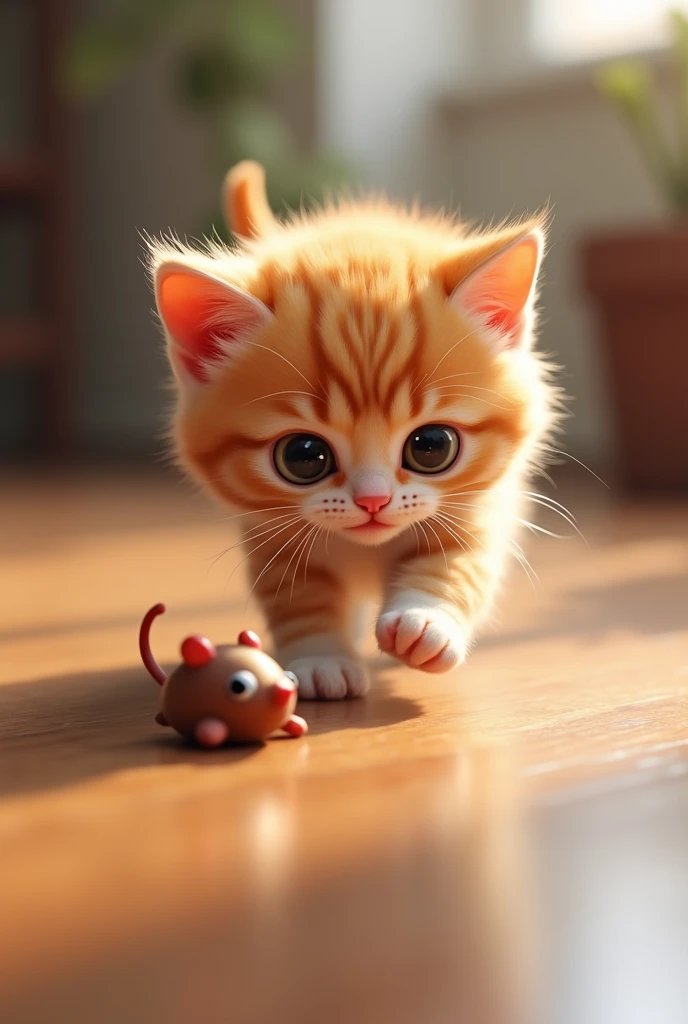 strawberry baby cat The baby kitten pounces on the toy mouse, batting it across the floor with tiny paws.