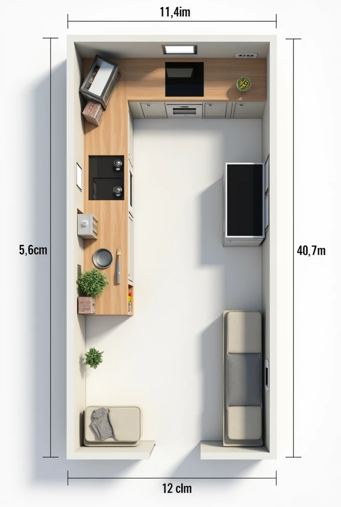 Draw a 3D color plan of a kitchen space (3,50 m x 6 m) with the names of the areas, for example the preparation area and so on, in addition to the centimeters that are used, modern model Kitchen plan 1. Preparation area (2 m x 1,5 m)
- Located in the left corner of the kitchen - Work table (1 m x 0,60 m)
- Washbasin (0,50 m x 0,40 m)
- Storage of ingredients (0,50 m x 0,40 m)
2. Cooking area (2 m x 1,5 m)
- Located next to the preparation area - Stove (0,60 m x 0,40 m)
- Microwave oven (0,30 m x 0,20 m)
- Storing cooking utensils (0,50 m x 0,40 m)