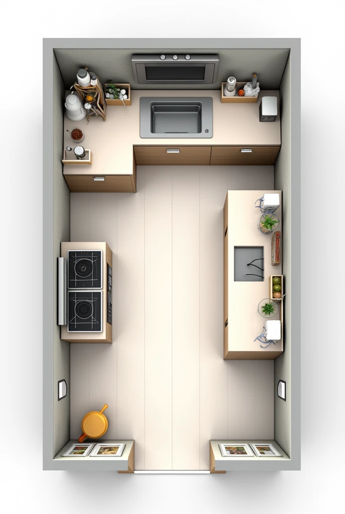 Draw a 3D color plan of a kitchen space (3,50 m x 6 m) with the names of the areas, for example the preparation area and so on, in addition to the centimeters that are used, modern model Kitchen plan 1. Preparation area (2 m x 1,5 m)
- Located in the left corner of the kitchen - Work table (1 m x 0,60 m)
- Washbasin (0,50 m x 0,40 m)
- Storage of ingredients (0,50 m x 0,40 m)
2. Cooking area (2 m x 1,5 m)
- Located next to the preparation area - Stove (0,60 m x 0,40 m)
- Microwave oven (0,30 m x 0,20 m)
- Storing cooking utensils (0,50 m x 0,40 m)