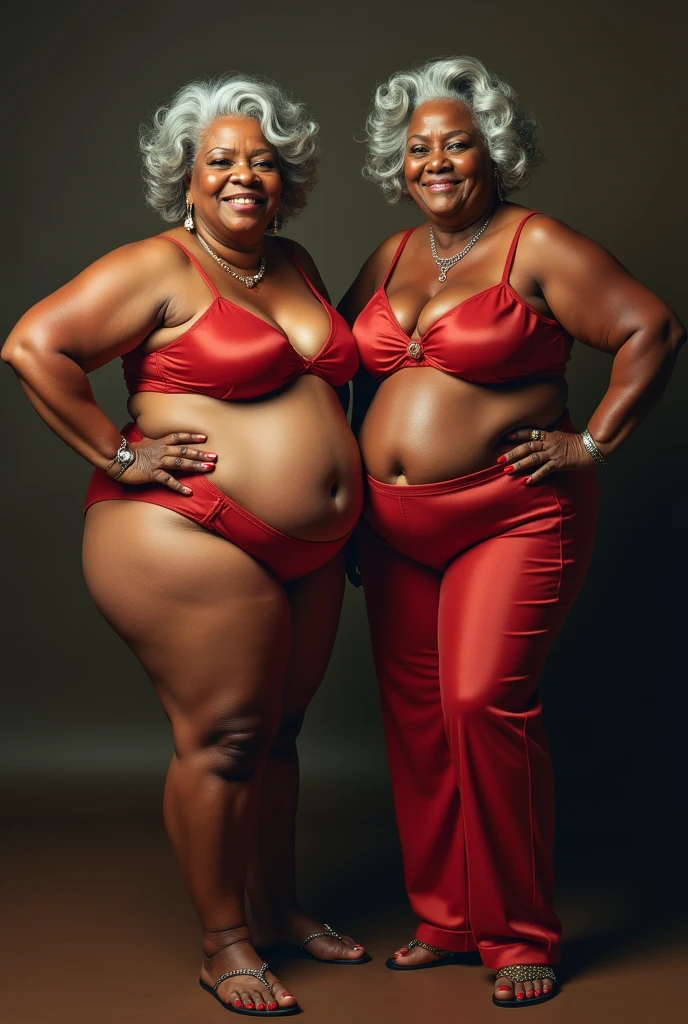 two sexy and suggestive bbw ebony grandmas in see through red lingerie
both are 60 years old, and are holding each other as if about to have threesome with viewer
full body in frame, and warm, homely background with fireplace
huge ass with some cellulite
looking at viewer
accentruated features
fat bellies
very wide hips small waists
huge thick thighs
huge breasts
folds in neck and flabby arms
painted nails and a little jewellery
lusty facial expressions