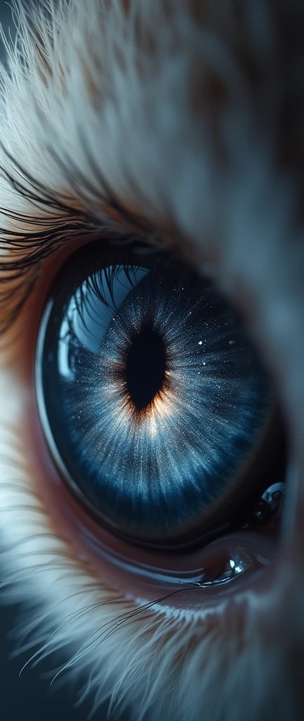 A striking micro-shot of a cosmic galaxy nebula captured within the depths of a cute extra fluffy baby realistic raccoon's eye. The eye is surrounded by soft white fur, with intricate patterns and real textures that add to the overall detail. The nebula, filled with dark shadows and high contrast, creates a dramatic visual effect. The image is further enhanced by a film grain effect and a vignette border, giving it a nostalgic, vintage feel., photo, 3d render, conceptual art