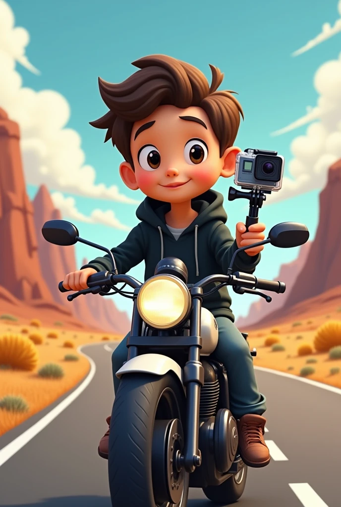 A cartoon traveler boy sitting on the motorcycle view with the gopro with the selfie stick with the free road by wearing black hoodie with the side view. 