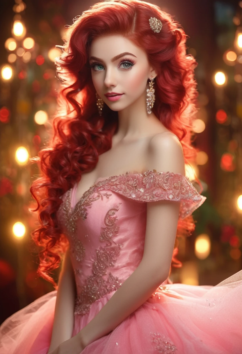 A beautiful girl, 20 years old, green eyes, detailed eyelashes and eyebrows, red mouth, glow on her face, long red hair, curly on one side of her head, earrings, ((perfect half body)), looking over her shoulder, in a pose fashion, (((wearing a pink tulle dress, very, very elaborate, detailed and intricate)), illuminated studio background, light behind the hair, in the highest quality. UHD. 8k.