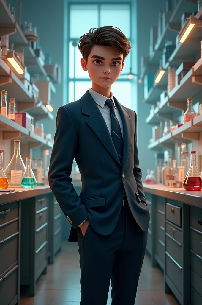young man in his school uniform and behind him a science laboratory with science objects