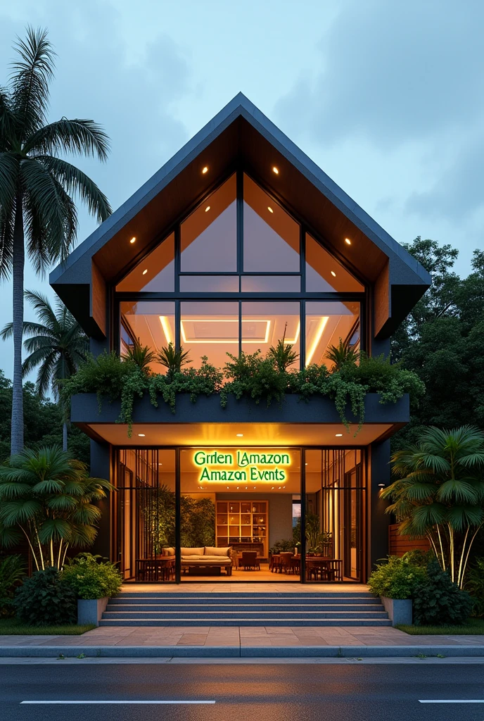 Make a large building in the shape of a two-story house, with glass windows, lights, coconut trees in the outdoor area, large illuminated sign, Written "Green Amazon events" In Portuguese, large interior, fullcolor, Trees, large events company, city center building, big company, sustainable, It cannot look like a hotel or a restaurant, but company 