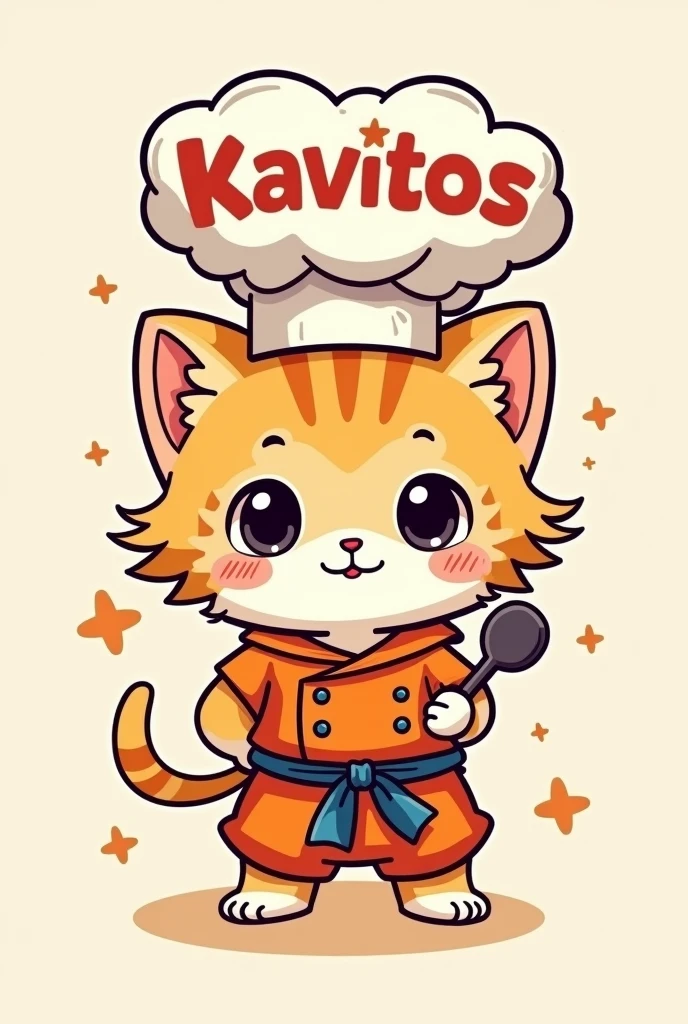 Logo of a small and adorable baby kitten chef Goku with a sign above his head that says "kavitos" cheered up