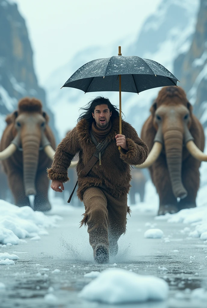Me In the ice age with an umbrella running from several mammoths
