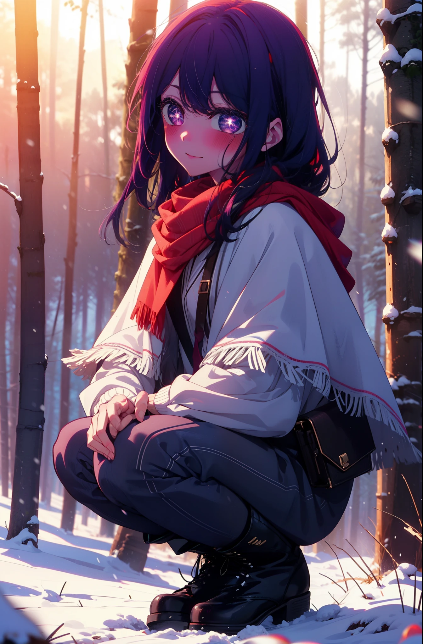 aihoshino, Ai Hoshino, Long Hair, bangs, (Purple eyes:1.1), Purple Hair, (Symbol-shaped pupil:1.5), smile,,smile,blush,white breath,
Open your mouth,snow,Ground bonfire, Outdoor, boots, snowing, From the side, wood, suitcase, Cape, Blurred, , forest, White handbag, nature, Squat, Mouth closed, Cape, winter, Written boundary depth, Black shoes, red Cape break looking at viewer, Upper Body, whole body, break Outdoor, forest, nature, break (masterpiece:1.2), Highest quality, High resolution, unity 8k wallpaper, (shape:0.8), (Beautiful and beautiful eyes:1.6), Highly detailed face, Perfect lighting, Highly detailed CG, (Perfect hands, Perfect Anatomy),